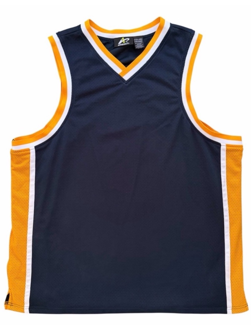 Athletech Navy Blue with Gold & White Trim Sleeveless Basketball Jersey Men’s XL